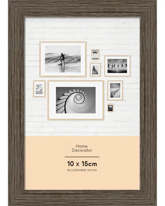 Billedramme med trælook, 10 x 15 cm, velegnet til boligindretning. Rektangulær form med naturfinish, perfekt til fotos eller kunst på væg eller hylde.