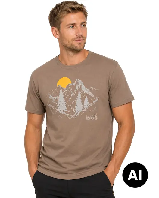 Taupe T-shirt med rund hals og korte ærmer, med bjergsolnedgangsprint, træer og 360 Outdoor-logo på brystet. - Billedet er skabt med AI