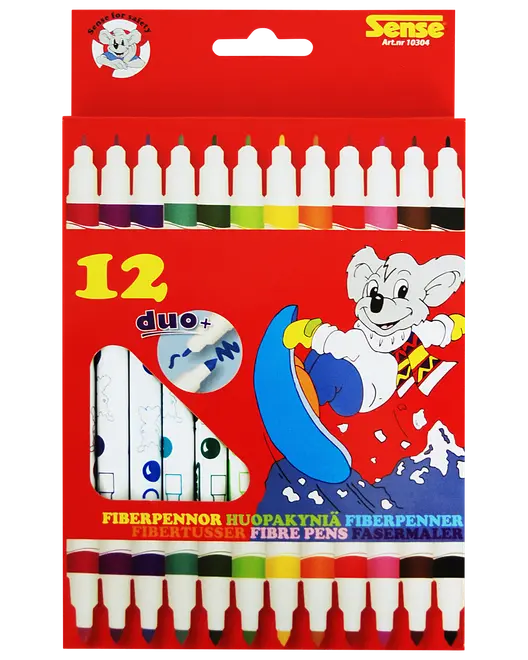 Set med 12 dubbelsidiga fiberpennor i olika färger, förpackade i röd ask med tecknad mus och fönster som visar pennspetsar. Passar för teckning och färgläggning.