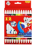 Sæt med 12 dobbeltsidede fiberpenne i forskellige farver, pakket i rød æske med tegneseriemus og vindue, der viser penne. Velegnet til tegning og farvelægning.