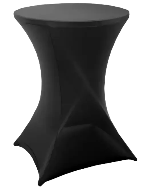 Sort cocktailbord med tætsiddende stretch-betræk, rundt bordplade og moderne design. Perfekt til events, fester eller receptioner. Stabil konstruktion og glat, rynkefrit udseende.