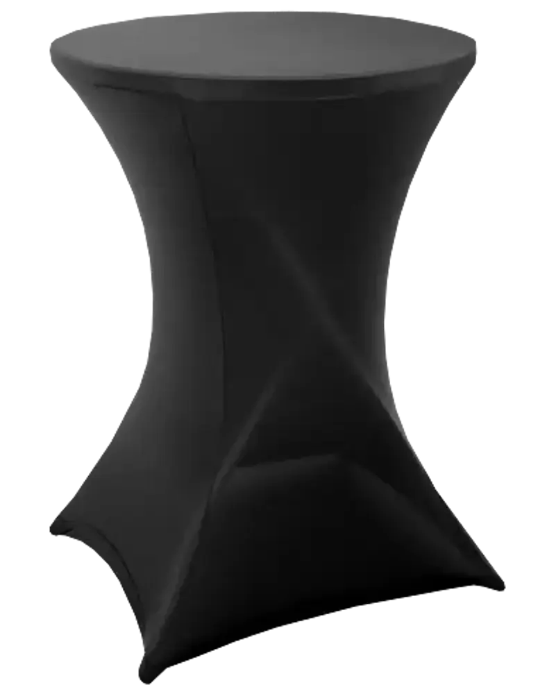 Sort cocktailbord med tætsiddende stretch-betræk, rundt bordplade og moderne design. Perfekt til events, fester eller receptioner. Stabil konstruktion og glat, rynkefrit udseende.
