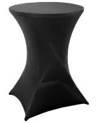 Sort cocktailbord med tætsiddende stretch-betræk, rundt bordplade og moderne design. Perfekt til events, fester eller receptioner. Stabil konstruktion og glat, rynkefrit udseende.