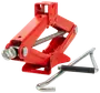 Rød sakselift med metalhåndtag, designet til at løfte køretøjer. Robust stålkonstruktion, kompakt og bærbar, ideel til nødskift af dæk og reparationer.