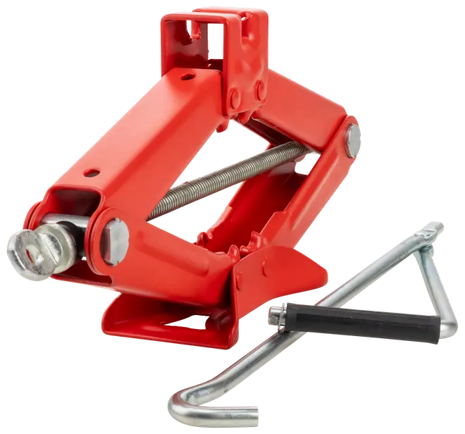 Rød sakselift med metalhåndtag, designet til at løfte køretøjer. Robust stålkonstruktion, kompakt og bærbar, ideel til nødskift af dæk og reparationer.