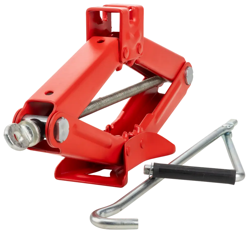 Röd saxdomkraft med metallvev, avsedd för att lyfta fordon. Kraftig stålkonstruktion, kompakt och portabel, perfekt för däckbyte och vägassistans.