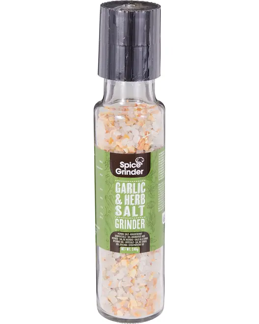 Glasflaske med hvidløg og urtesaltkværn, sort plasttop, indeholder groft salt blandet med tørret hvidløg og urter. Nettovægt 240g. Grøn etiket med produktinformation.