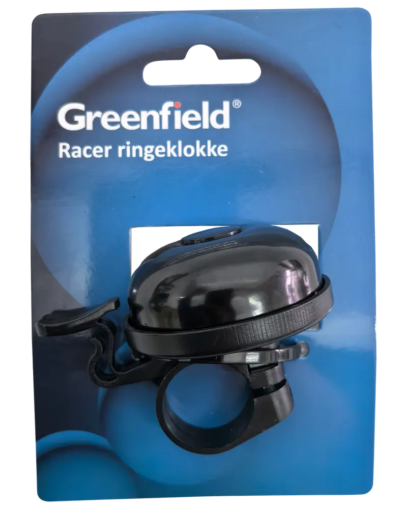 Sort cykelklokke med rund kuppel, monteret på blå Greenfield emballage. Har tommelfingerarm og justerbar klemme til nem montering på styret.