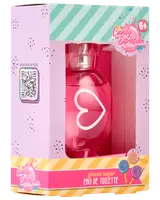 Lyserød hjerteformet flaske med Candy Explosion glazed sugar eau de toilette, egnet til børn fra 6 år, pakket i farverig æske med slikkepindsgrafik og QR-kode.