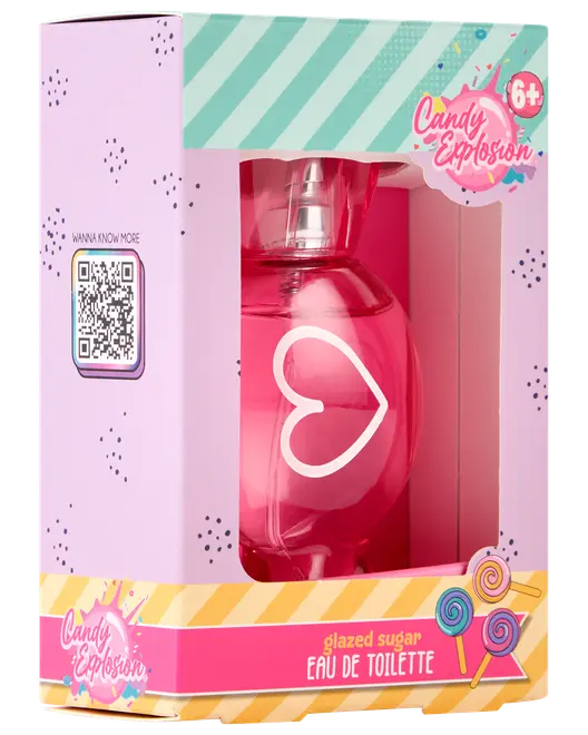 Lyserød hjerteformet flaske med Candy Explosion glazed sugar eau de toilette, egnet til børn fra 6 år, pakket i farverig æske med slikkepindsgrafik og QR-kode.