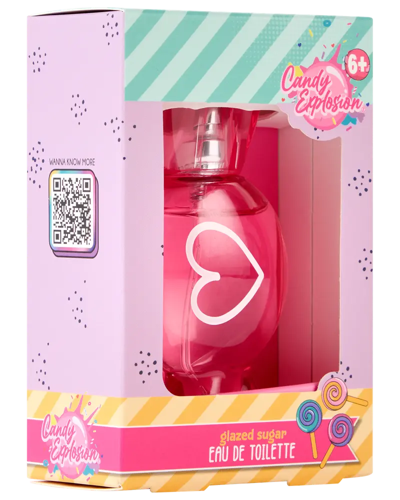 Lyserød hjerteformet flaske med Candy Explosion glazed sugar eau de toilette, egnet til børn fra 6 år, pakket i farverig æske med slikkepindsgrafik og QR-kode.