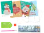 Diamond painting julkortset med fyra motiv, kuvert, färgade strasstenar, verktyg, vax och bricka. Motiv: snögubbe, tomte, julkula och gran för pyssel.