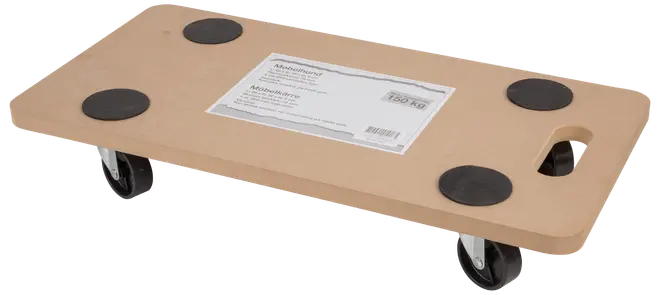 Rektangulær møbelhund i træ med fire sorte drejehjul, fire skridsikre puder og indbygget håndtag. Velegnet til tunge løft, maksimal belastning 150 kg.