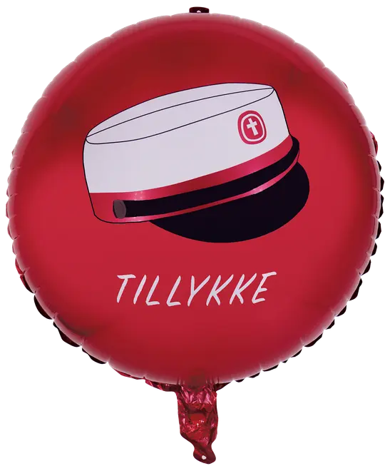 Rund rød folieballon med illustration af studenterhue og teksten "TILLYKKE" i hvid. Perfekt til studenterfest eller fejring.