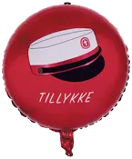 Rund rød folieballon med illustration af studenterhue og teksten "TILLYKKE" i hvid. Perfekt til studenterfest eller fejring.