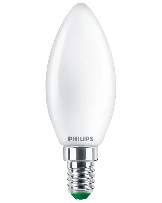 Philips LED-lampa, ljusformad med frostad vit yta och E14-sockel. Energibesparande, passar dekorativa armaturer. Ger mjukt, varmt ljus och har modern design.