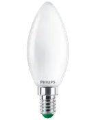 Philips LED-lampa, ljusformad med frostad vit yta och E14-sockel. Energibesparande, passar dekorativa armaturer. Ger mjukt, varmt ljus och har modern design.
