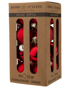 Set med 16 röda julgranskulor i glas, 3,5 cm i diameter, förpackade i brun kartong med vertikala fönster för enkel visning och säker förvaring.