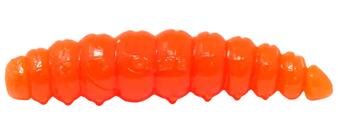 Lys orange segmenteret blød plastorm agn med riflet krop og tilspidsede ender.