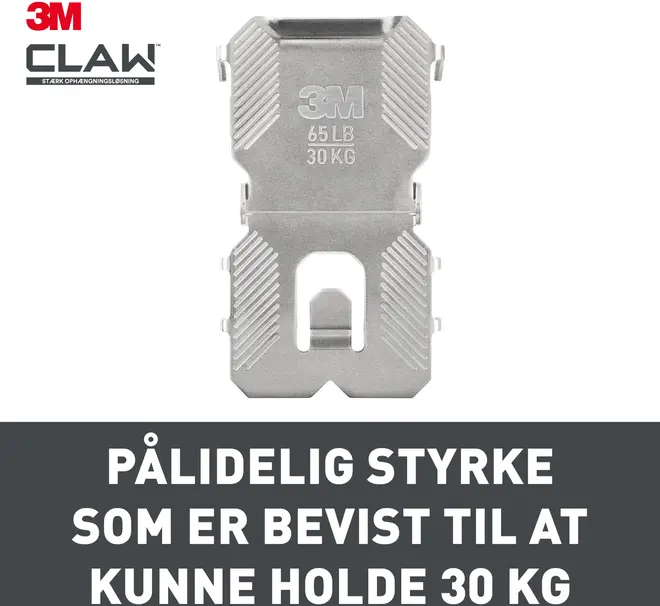3M CLAW vægophæng, metal, kan holde op til 30 kg. Rektangulær form med teksturerede greb og central åbning til sikker montering. Robust og pålidelig styrke.