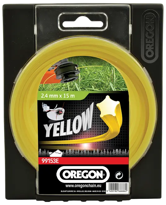 Oregon gul trimmertråd, 2,4 mm i diameter, 15 m lang. Leveres i plastkasse, egnet til græsklipning og kompatibel med forskellige trimmerhoveder. Holdbar og synlig.