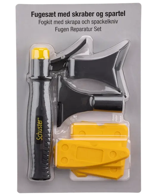 Fogreparationssats med svart och gult handtag, skrapa, spackelkniv och flera gula utjämningsverktyg, förpackade i en genomskinlig plastförpackning.