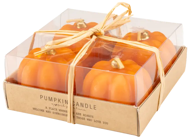 Fyra pumpaformade orange ljus i genomskinlig ask med naturfärgat snöre. Varje ljus har en guldfärgad stjälk, perfekt för höstdekoration.