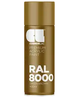 400 ml spraydåse med Cosmoslac premium akrylmaling i RAL 8000 grønbrun farve, med metallisk guldbrun etiket og hvid tekst.