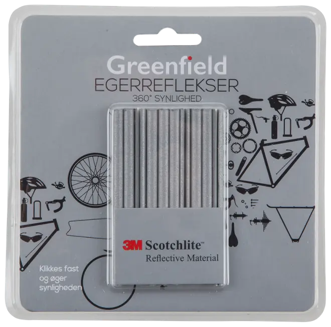 Pakke med 3M Scotchlite reflekser til cykeleger, giver 360 graders synlighed. Sølvfarvede, nemme at montere på eger, øger sikkerheden ved kørsel i mørke.