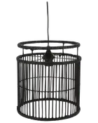 Sort metal pendellampe med cylindrisk burdesign, lodrette stænger og central pæreholder. Moderne industrielt look, egnet til spise- eller opholdsrum. Med ledning til loftsmontering.