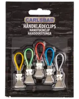 Sæt med fem metal håndklædeclips med farvede stofløkker (gul, grøn, rød, blå, hvid), velegnet til ophængning af håndklæder. Pakket på sort pap.