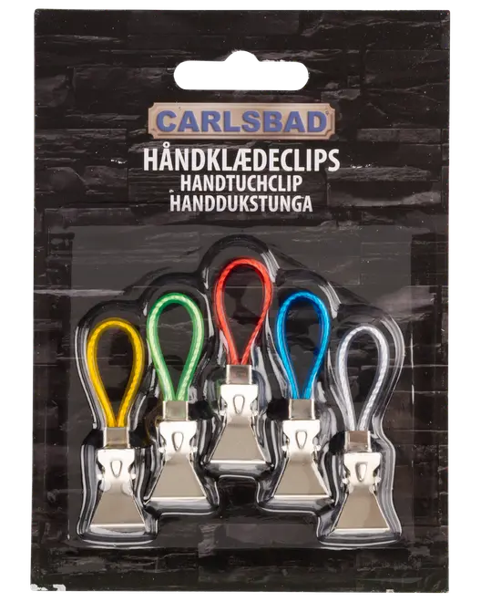 Set med fem metallhandduksklämmor med färgade tygöglor (gul, grön, röd, blå, vit), passar för att hänga handdukar. Förpackade på svart kartong.