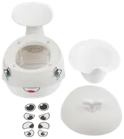 Vit plastpotta för barn med avtagbar skål, lock och utbytbara ansiktsklistermärken. Har ryggstöd och stänkskydd för extra komfort och hygien.