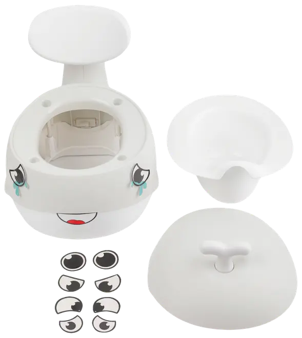 Vit plastpotta för barn med avtagbar skål, lock och utbytbara ansiktsklistermärken. Har ryggstöd och stänkskydd för extra komfort och hygien.