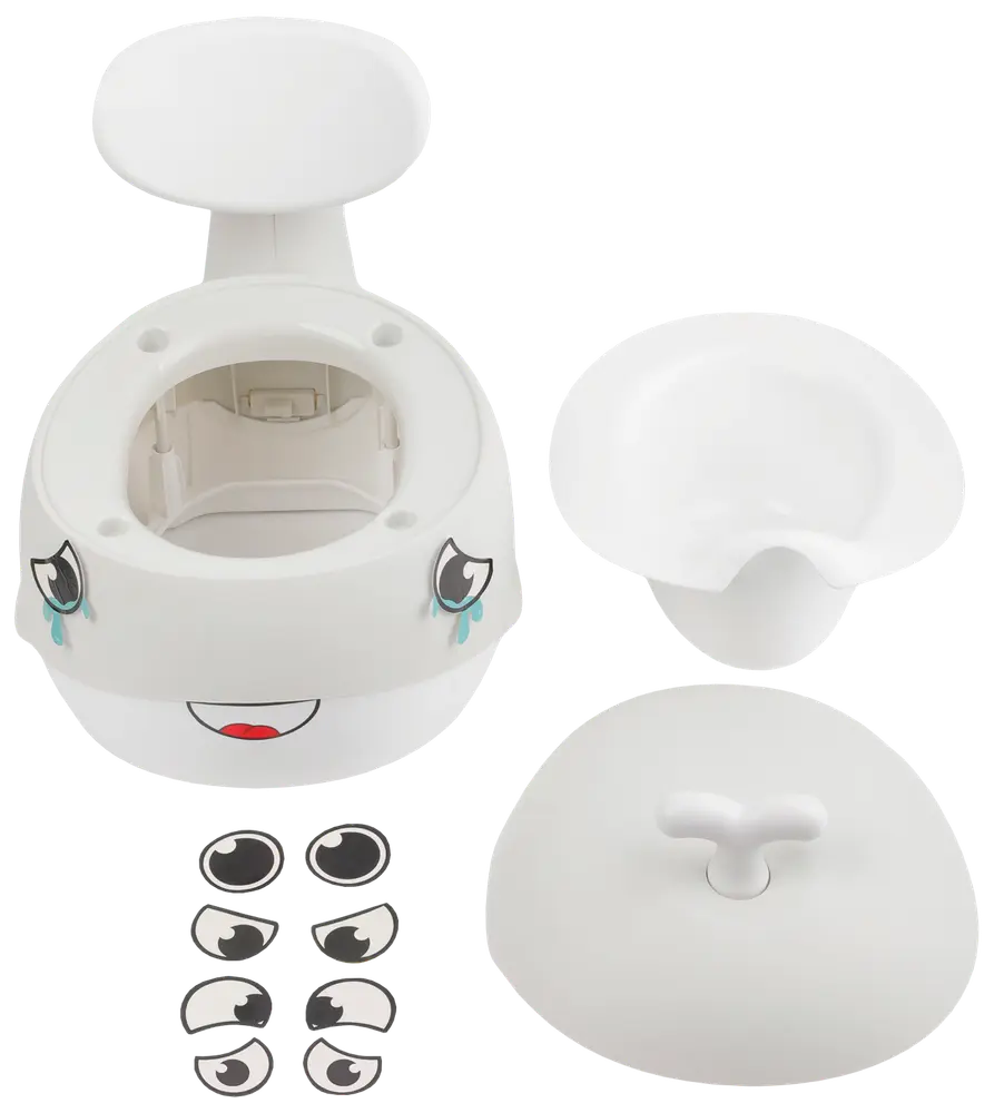 Vit plastpotta för barn med avtagbar skål, lock och utbytbara ansiktsklistermärken. Har ryggstöd och stänkskydd för extra komfort och hygien.