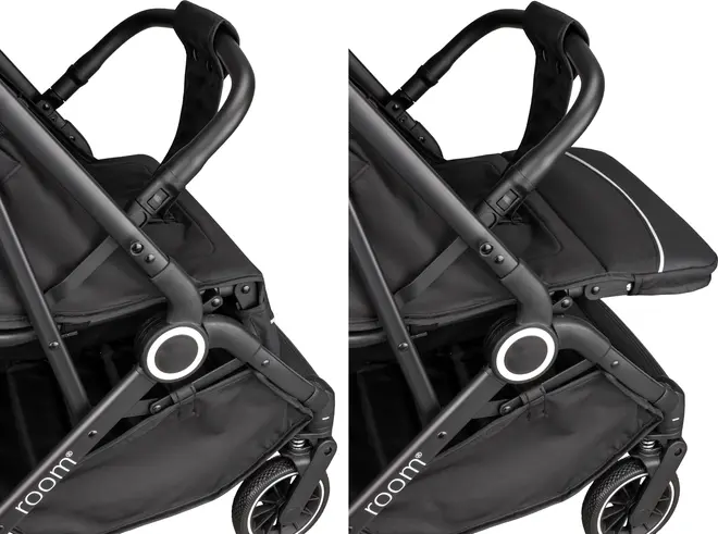 Svart barnvagn med justerbart fotstöd i två lägen, robust ram, vadderad sits och förvaringskorg under. Modern design för komfort och bekvämlighet.