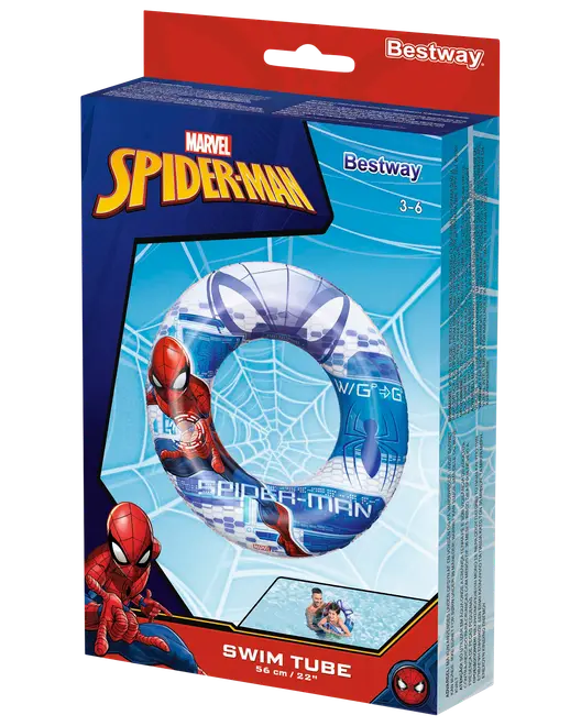 Badring för barn med Marvel Spider-Man-motiv, passar åldrar 3-6 år. Diameter 56 cm. Tillverkad av slitstarkt material, perfekt för poolen.