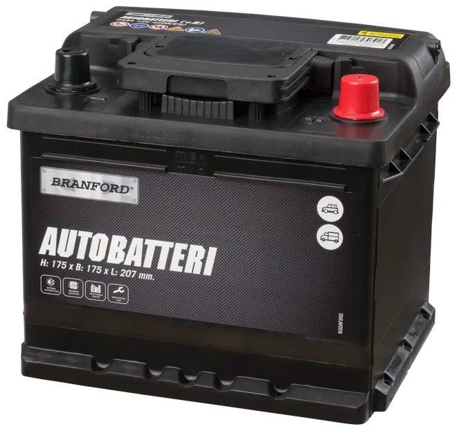 Branford bilbatteri, sort rektangulært design, mærket "AUTOBATTERI". Mål: 175 x 175 x 207 mm. Med rød og sort pol, egnet til biler og lette køretøjer.