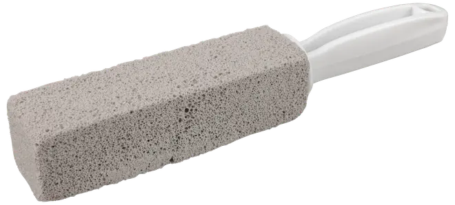 Rektangulär rengöringssten av pimpsten med vitt plasthandtag. Grå, porös yta för skrubbning av svåra fläckar, grillar eller toaletter. Lätt och greppvänlig.