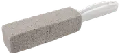Rektangulär rengöringssten av pimpsten med vitt plasthandtag. Grå, porös yta för skrubbning av svåra fläckar, grillar eller toaletter. Lätt och greppvänlig.