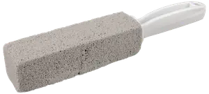 Rektangulär rengöringssten av pimpsten med vitt plasthandtag. Grå, porös yta för skrubbning av svåra fläckar, grillar eller toaletter. Lätt och greppvänlig.