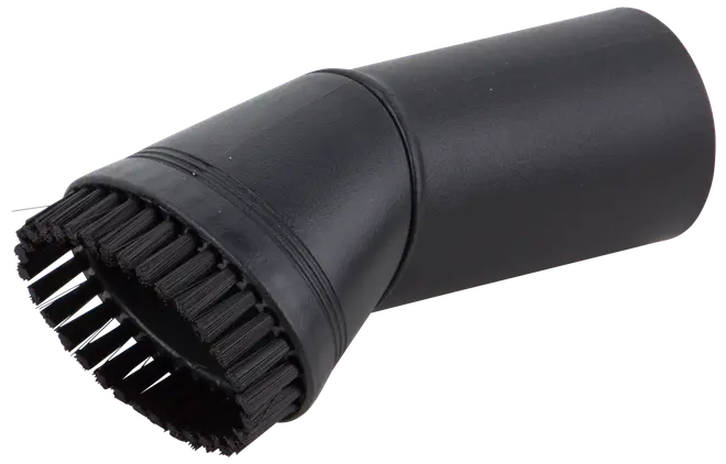 Svart dammsugarborste med rund borstkant, vinklad design, passar standardslangar. Perfekt för känsliga ytor, möbler och svåråtkomliga områden. Tillverkad i slitstark plast.
