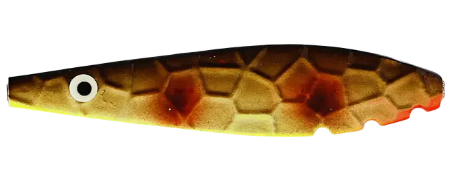 Fiskformet fiskelokke med gyldent og brunt skalmønster, sort ryg, hvidt øje og rød haleaccent.