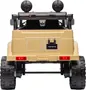 Bagside af beige Toyota elbil til børn med store sorte dæk, to baglygter, sidespejle og detaljeret bagpanel. Realistisk design, egnet til børn.
