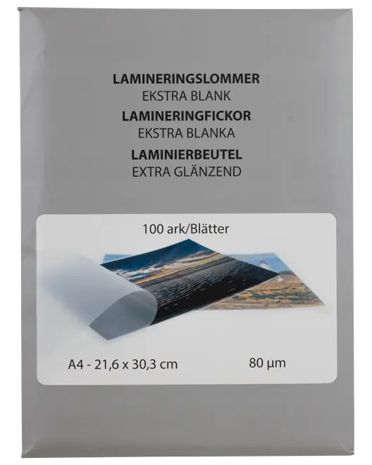 Pakke med 100 ekstra blanke lamineringslommer, A4-størrelse (21,6 x 30,3 cm), 80 mikron tykke, beskytter dokumenter og fotos med blank overflade.