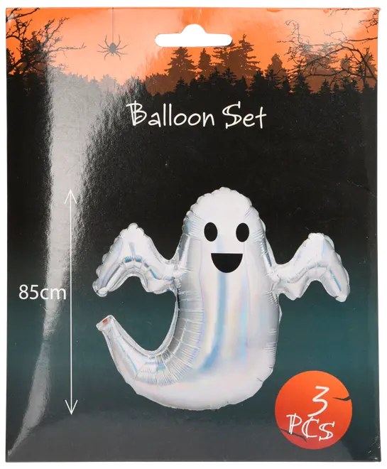 Sæt med 3 sølvfarvede folieballoner formet som spøgelser, hver 85 cm høje, med smilende ansigt. Perfekt til Halloween pynt. Leveres i uhyggelig emballage.