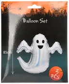 Sæt med 3 sølvfarvede folieballoner formet som spøgelser, hver 85 cm høje, med smilende ansigt. Perfekt til Halloween pynt. Leveres i uhyggelig emballage.