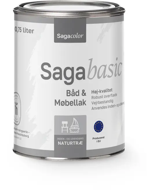 0,75 liters dåse Saga basic båd- og møbellak, høj kvalitet, vejrbestandig, til indendørs og udendørs brug på naturtræ. Produceret i EU.