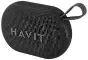 Kompakt sort HAVIT Bluetooth-højttaler med stoftekstur, stort logo, knapper på toppen og flettet bærestrop. Perfekt til musik på farten og udendørs brug.