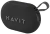 Kompakt sort HAVIT Bluetooth-højttaler med stoftekstur, stort logo, knapper på toppen og flettet bærestrop. Perfekt til musik på farten og udendørs brug.